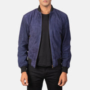 Men's Shane Navy Blue Suede Bomber Jacket in Blue Goatskin Suede - Vista frontal y silueta a medida | Comprar online