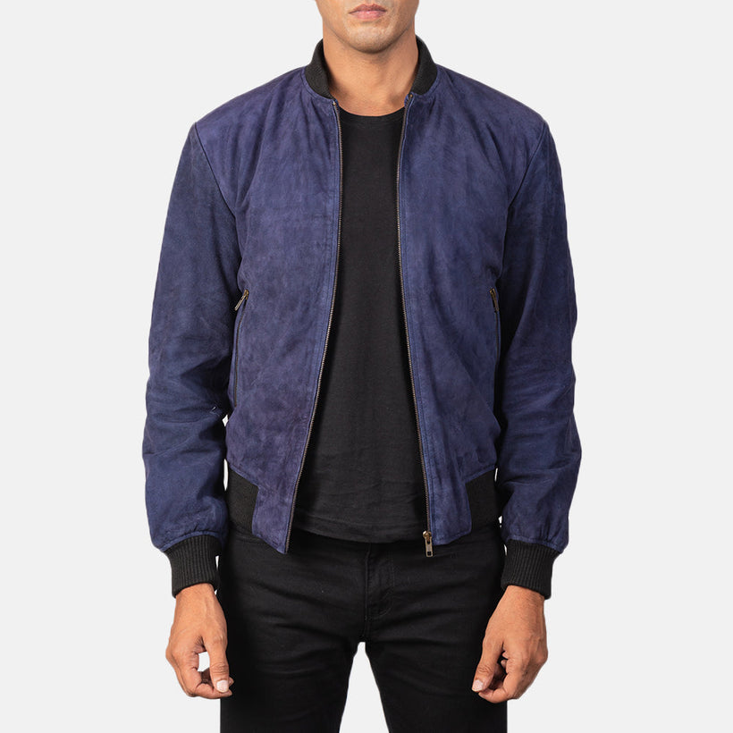 Shane Azul Suede Chaqueta Bomber de Cuero para Hombre