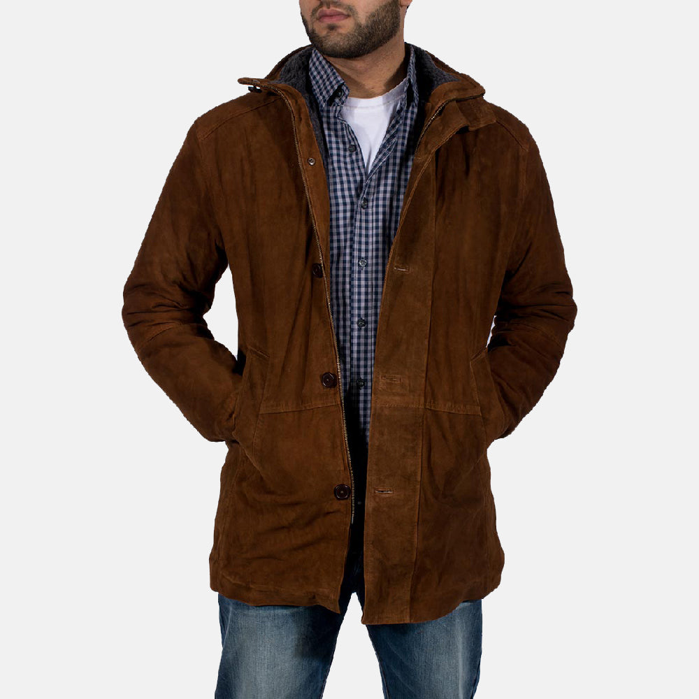 Men's Sheriff Marrón Chaqueta de Gamuza para Hombre in Brown Goatskin Suede - Vista frontal y silueta a medida | Comprar online