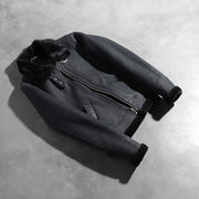 
Roll-back Cuffs & Hem Craftsmanship Construction Detail on Sherilyn B-3 Distressed Black Leather Bomber Jacket
