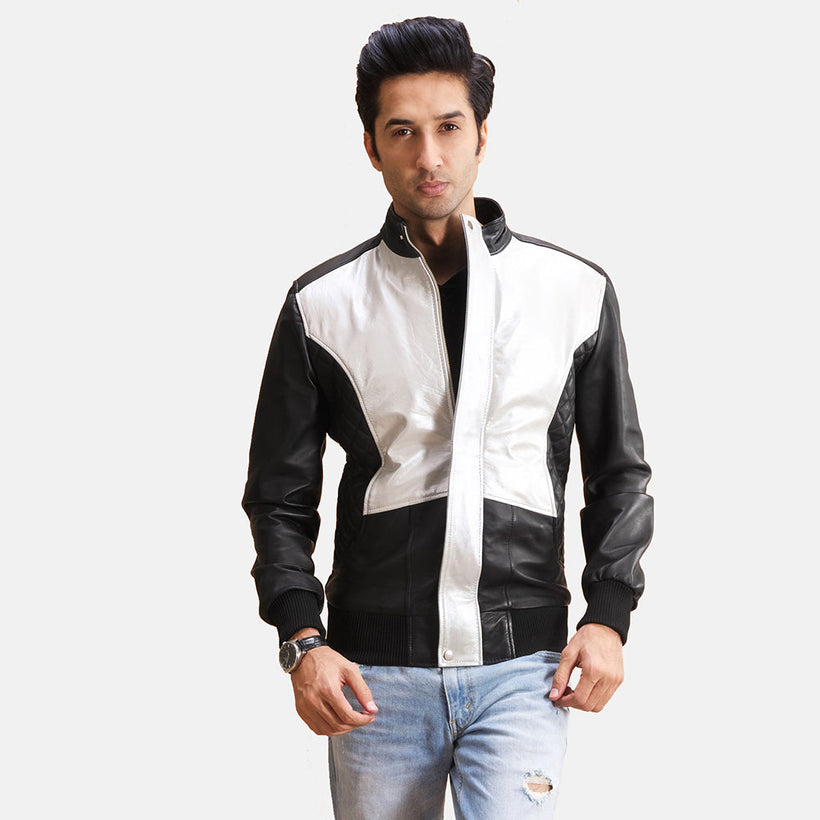 Spade Silver Negro Chaqueta Bomber de Cuero para Hombre