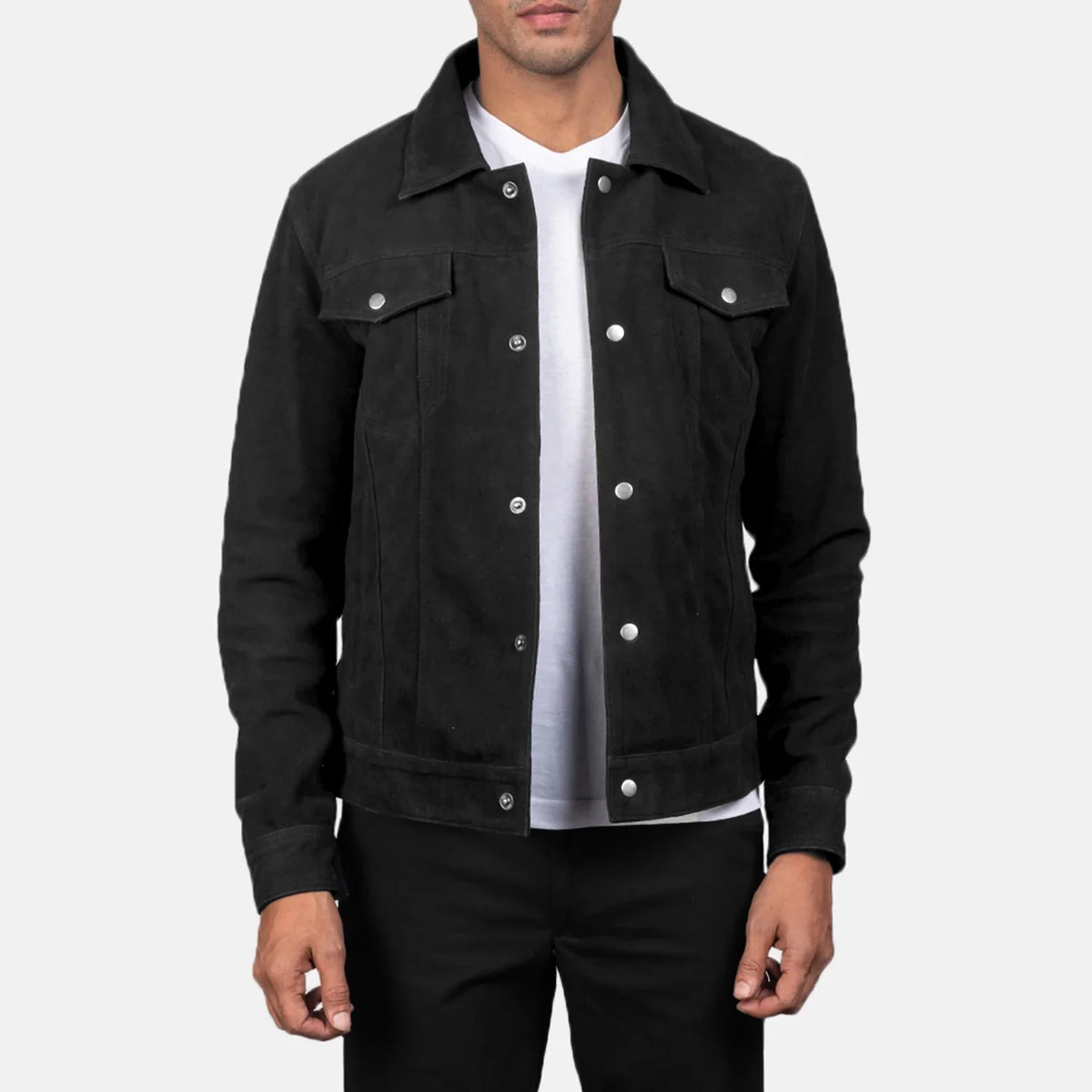 Men's Stallon Black Suede Jacket in Black Goatskin Suede - Vista frontal y silueta a medida | Comprar online