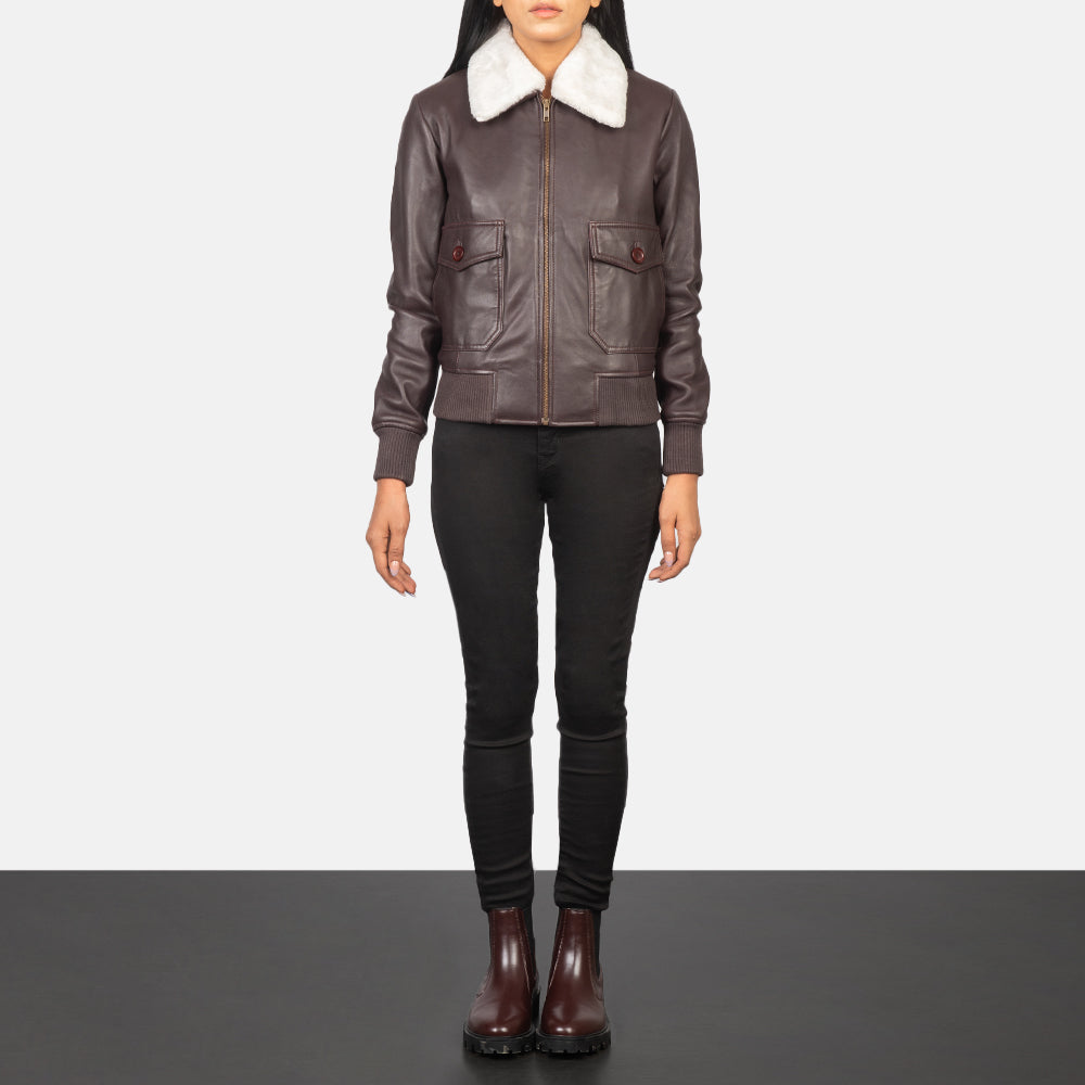 Women's Stella G-1 Maroon Leather Bomber Jacket - Vista de perfil lateral con corte ergonómico de manga
