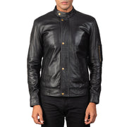 Men's Tea House Negro Chaqueta Biker de Cuero para Hombre - Vista de perfil lateral con corte ergonómico de manga