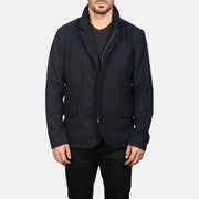 Detalle de cerca of Nehru &amp; Zipper with Dual Puller Hardware on Men's Thomas Negro Wool Chaqueta de Cuero para Hombre