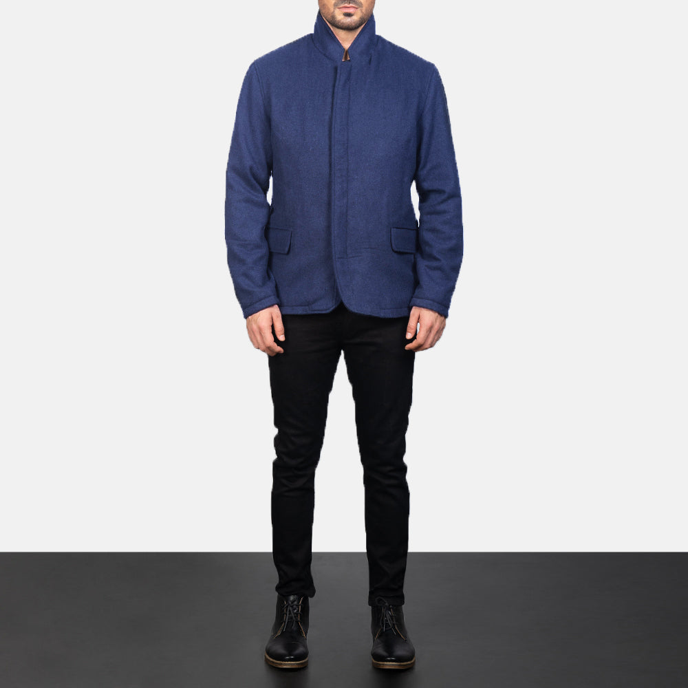 Men's Thomas Azul Wool Chaqueta de Cuero para Hombre - Vista de perfil lateral con corte ergonómico de manga