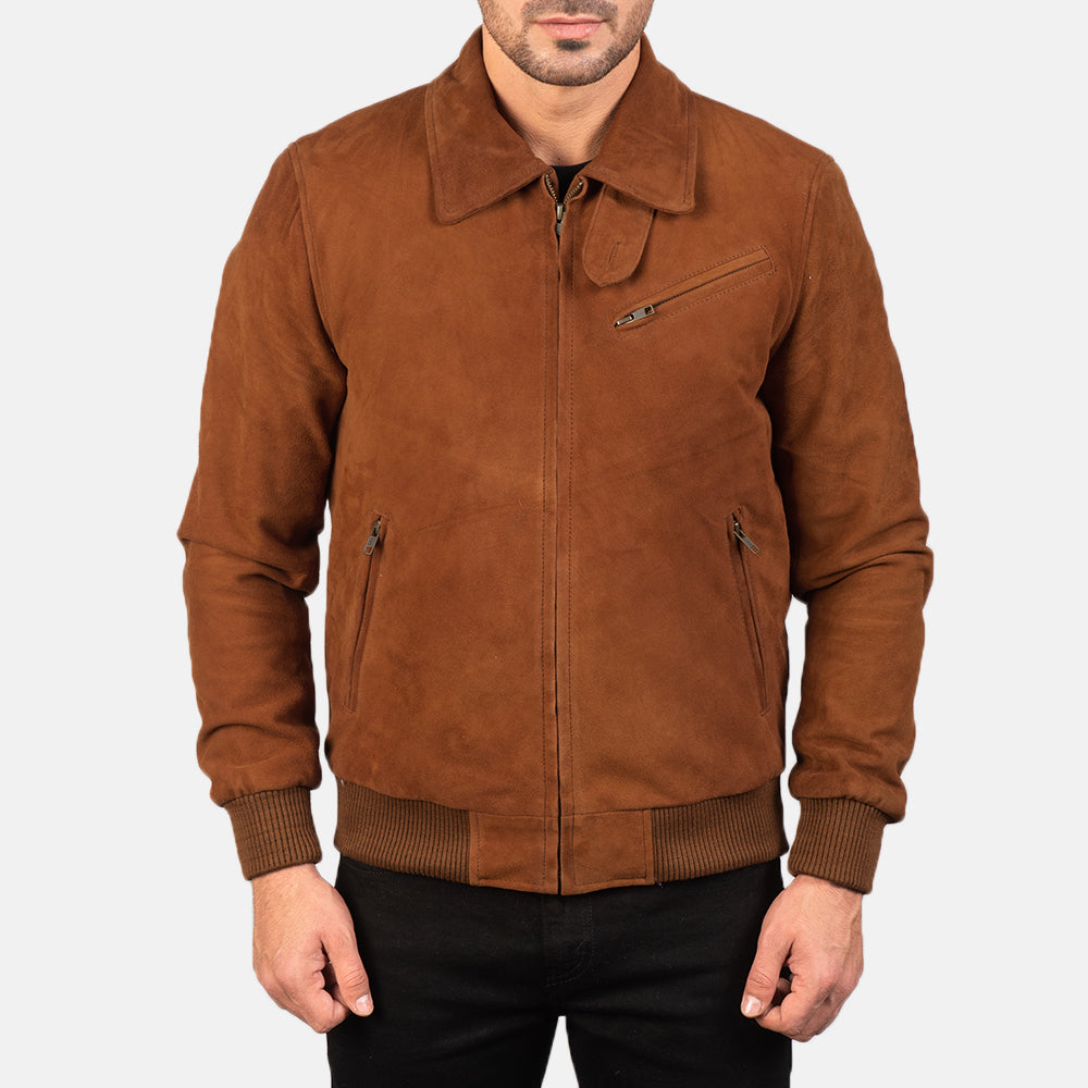 Detalle de cerca of Shirt &amp; Zipper Hardware on Men's Tomchi Tostado Suede Chaqueta de Cuero para Hombre