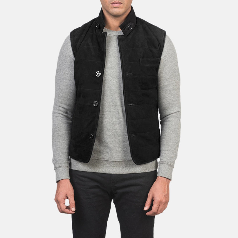 Men's Tony Black Suede Vest in Black Goatskin Suede - Front Profile View & Tailored Silhouette | Buy Online