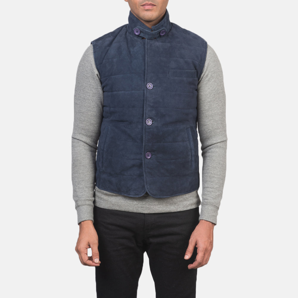 Detalle de cerca of Notch with removable throat latch &amp; Button Hardware on Men's Tony Azul Suede Vest para Hombre