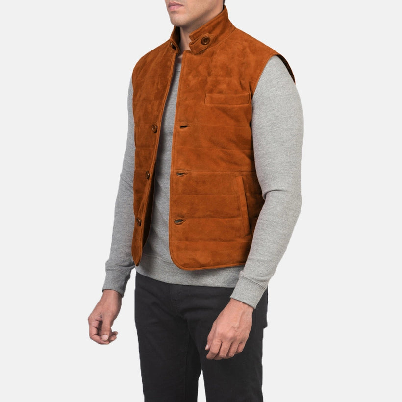 Brown Goatskin Suede Leather Vest - Back View Showing Tailored Shoulder Fit & Clean Hemline