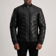 Detalle de cerca of Classic Collar &amp; Zipper Hardware on Travis Black Leather Puffer Jacket