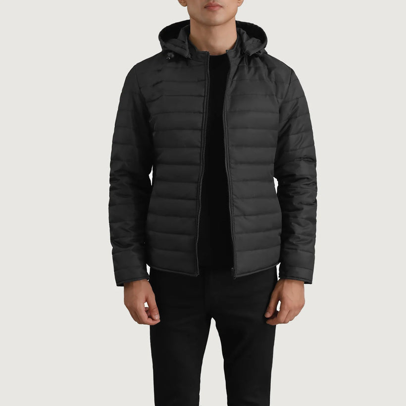 Tyler Negro Hooded Puffer Chaqueta de Cuero para Hombre