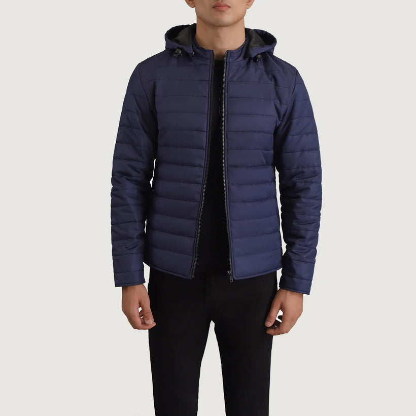 Tyler Azul Hooded Puffer Chaqueta de Cuero para Hombre