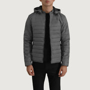 Tyler Gris Hooded Puffer Chaqueta de Cuero para Hombre in Grey Full-Grain Leather - Vista frontal y silueta a medida | Comprar online
