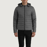 Detalle de cerca of Classic Collar &amp; Zipper Hardware on Tyler Gris Hooded Puffer Chaqueta de Cuero para Hombre