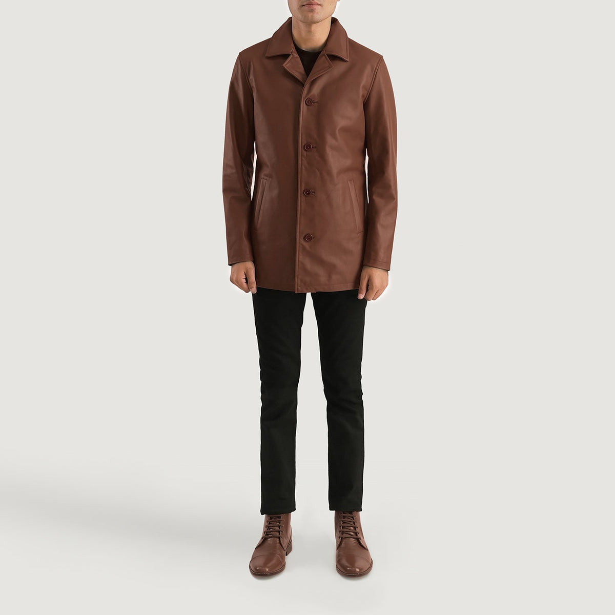 
Urban Slate Marrón Abrigo de Cuero para Hombre - Vista lateral mostrando el corte ergonómico de mangas