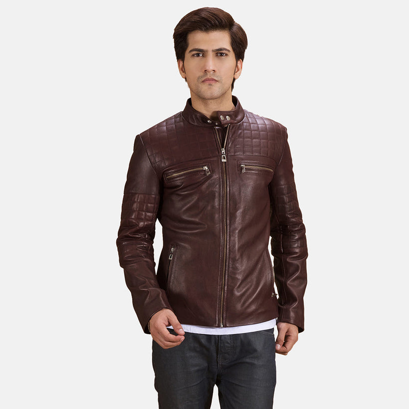 Urbane Acolchado Granate Chaqueta Biker de Cuero para Hombre