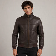 Dark Marrón Sheepskin Cazadora Bomber de Cuero para Hombre in Dark Brown Authentic Sheepskin &amp;Amp; Shearling - Vista frontal y silueta a medida | Comprar online