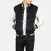 Men's Vaxton Negro &amp; Blanco Hybrid Varsity Chaqueta de Cuero para Hombre in Black &amp; White Sheepskin Leather - Vista frontal y silueta a medida | Comprar online