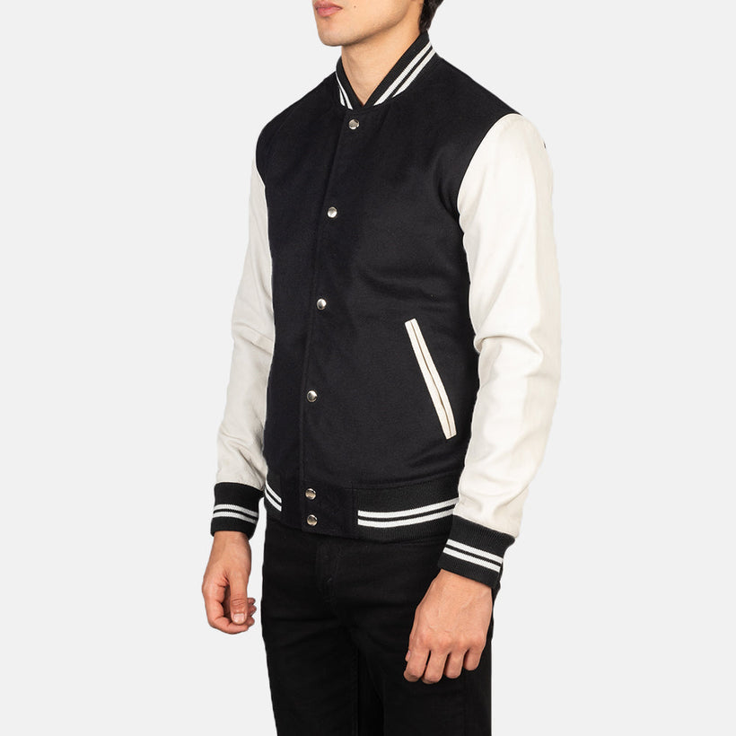 Vaxton Negro & Blanco Hybrid Varsity Chaqueta de Cuero para Hombre
