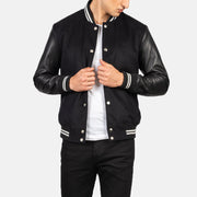 Men's Vaxton Negro Striped Hybrid Varsity Chaqueta de Cuero para Hombre in Black Sheepskin Leather - Vista frontal y silueta a medida | Comprar online