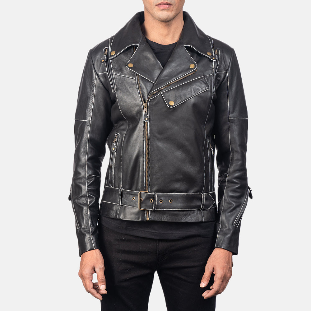 
Vincent Black Leather Biker Jacket in Distressed Black Cow Hide Leather - Vista frontal y silueta entallada | Comprar online