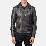 
Vincent Black Leather Biker Jacket in Distressed Black Cow Hide Leather - Vista frontal y silueta entallada | Comprar online