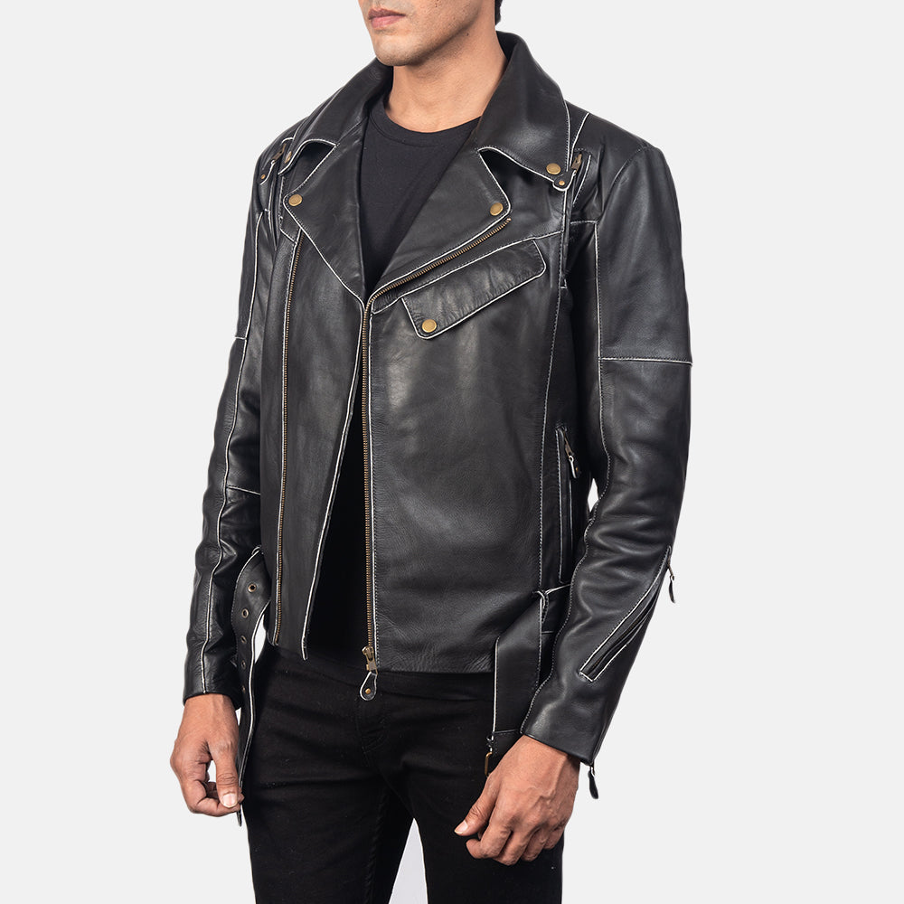 
Distressed Vincent Negro Chaqueta Biker de Cuero para Hombre - Vista posterior con hombros definidos y bajo impecable