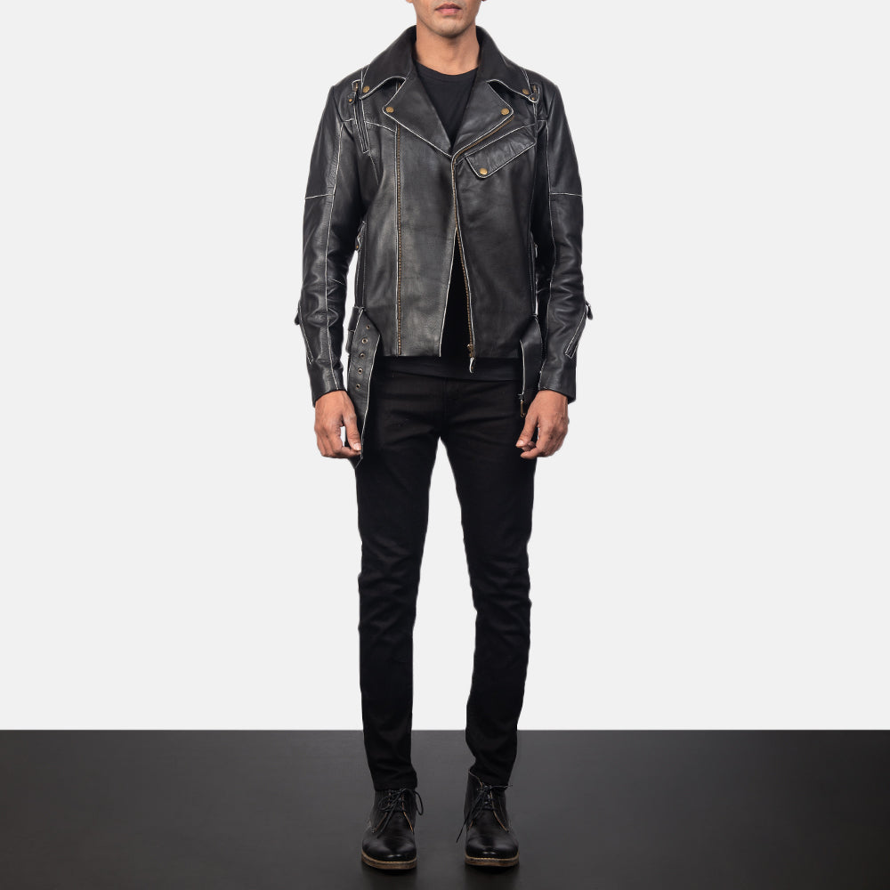 
Vincent Black Leather Biker Jacket - Vista lateral mostrando el corte ergonómico de mangas
