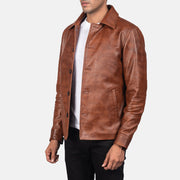 Distressed Brown Sheepskin Burnishing Leather Jacket - Vista trasera con ajuste entallado en hombros y bajo impecable