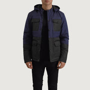 
Wayne Negro & Azul Hooded Puffer Chaqueta de Cuero para Hombre in Black + Blue Full-Grain Leather - Vista frontal y silueta entallada | Comprar online