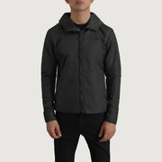 
Vista de detalle of Classic Collar & Zipper With Inside Wind Flap. Hardware on Wesley Negro Hooded Windbreaker Chaqueta de Cuero para Hombre