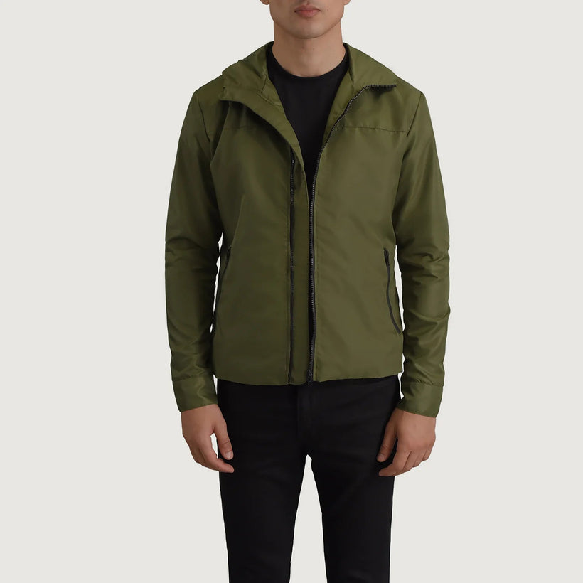 Wesley Verde Hooded Windbreaker Chaqueta de Cuero para Hombre