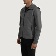 
Grey Full-Grain Leather Hooded Jacket - Vista posterior con hombros definidos y bajo impecable