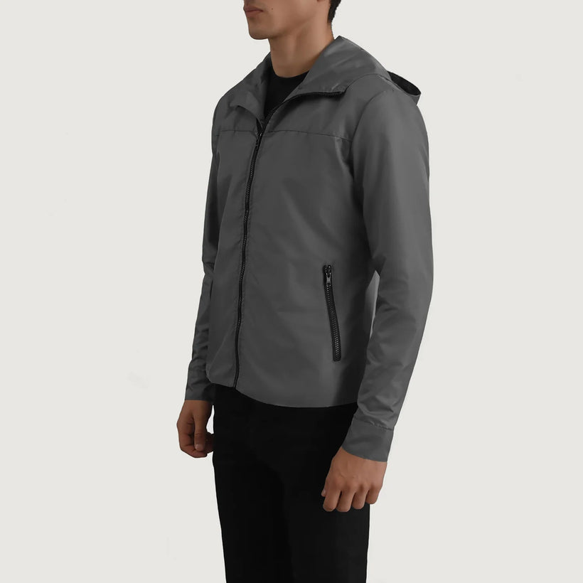 Wesley Gris Hooded Windbreaker Chaqueta de Cuero para Hombre