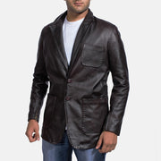 Men's Wine Negro Blazer de Cuero de Cuero para Hombre in Dark Brown Cow Hide Leather - Vista frontal y silueta a medida | Comprar online