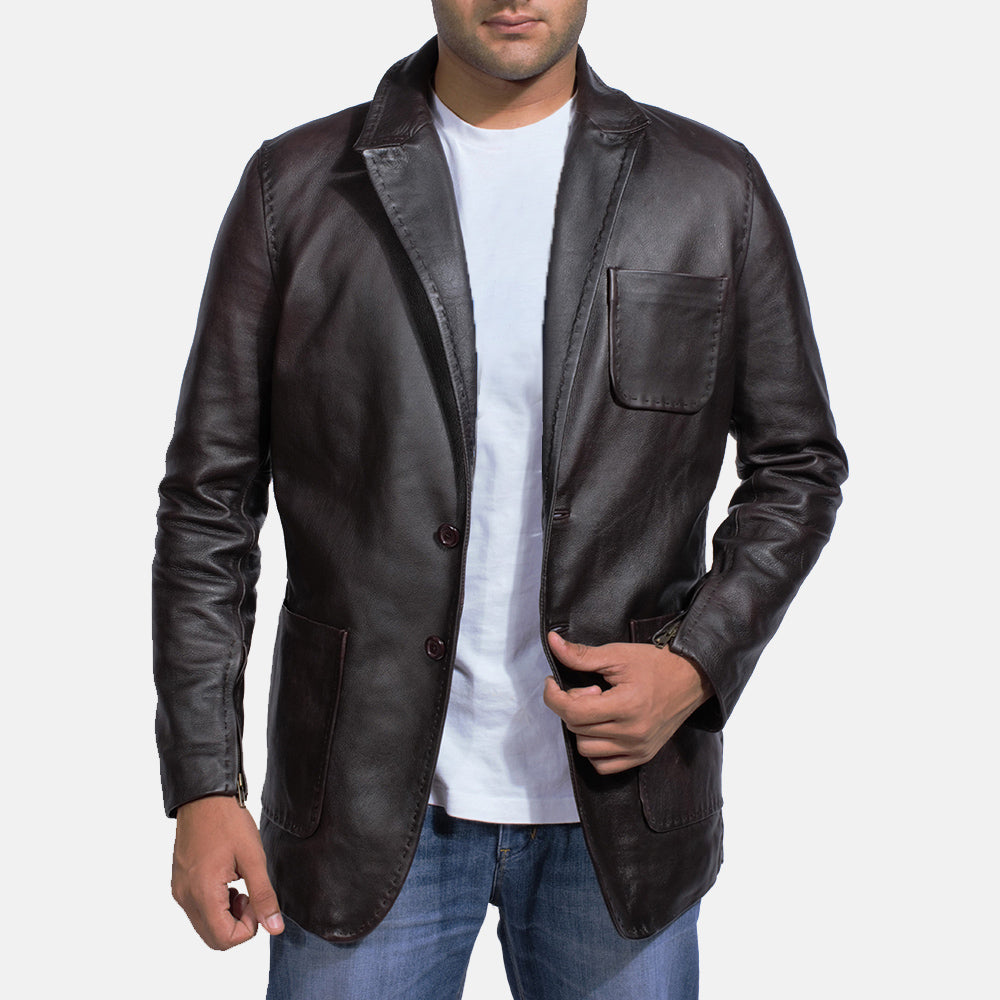 Dark Brown Cow Hide leather Blazer - Vista trasera con ajuste entallado en hombros y bajo impecable