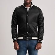 Xander Negro Varsity Chaqueta de Cuero para Hombre in Black Satin - Vista frontal y silueta a medida | Comprar online