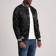 Black Satin Varsity Jacket - Vista trasera con ajuste entallado en hombros y bajo impecable