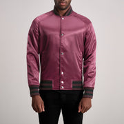 Xander Granate Varsity Chaqueta de Cuero para Hombre in Maroon Satin - Vista frontal y silueta a medida | Comprar online