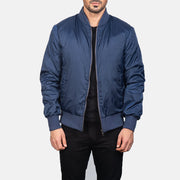 Men's Zack Blue Bomber Jacket in Blue Nylon - Vista frontal y silueta a medida | Comprar online