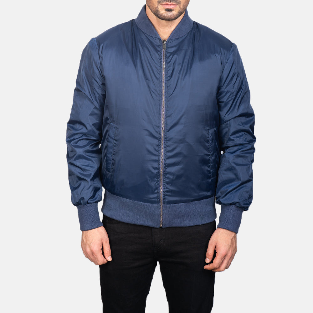 Detalle de cerca of Varsity &amp; Zipper Hardware on Men's Zack Blue Bomber Jacket