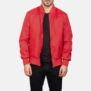 Men's Zack Rojo Cazadora Bomber de Cuero para Hombre in Red Nylon - Vista frontal y silueta a medida | Comprar online