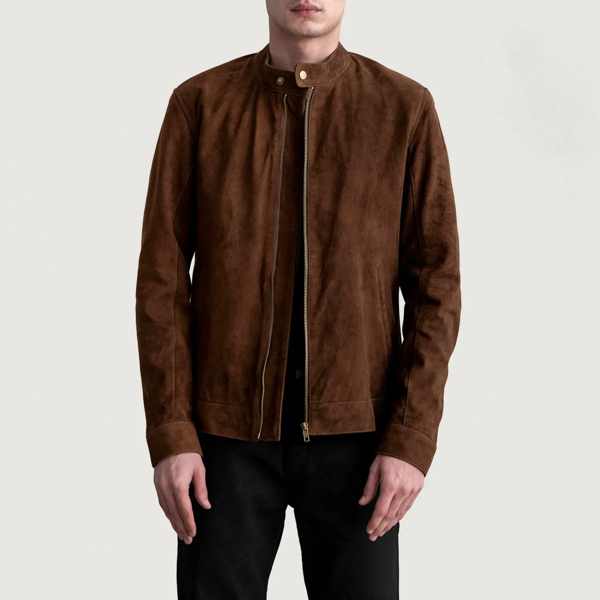Zen Brown Suede Biker Jacket in Brown Goatskin Suede - Vista frontal y silueta a medida | Comprar online