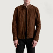 Zen Brown Suede Biker Jacket in Brown Goatskin Suede - Vista frontal y silueta a medida | Comprar online