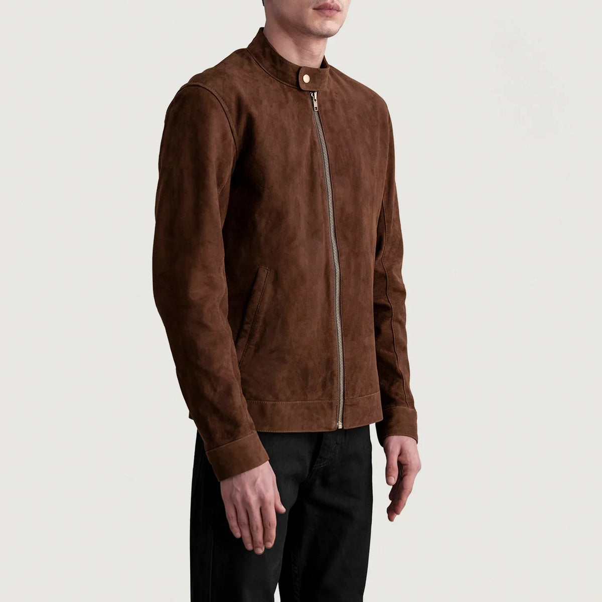 Brown Goatskin Suede Biker Jacket - Vista trasera con ajuste entallado en hombros y bajo impecable