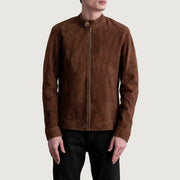 Zen Brown Suede Biker Jacket - Vista de perfil lateral con corte ergonómico de manga
