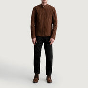 Detalle de cerca of Snap Button &amp; Zipper Hardware on Zen Brown Suede Biker Jacket