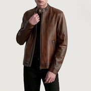 Zen Efecto Envejecido Marrón Chaqueta Biker de Cuero para Hombre in Distressed Brown Sheepskin Leather - Vista frontal y silueta a medida | Comprar online