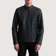 Zen Matte Negro Chaqueta Biker de Cuero para Hombre - Vista de perfil lateral con corte ergonómico de manga